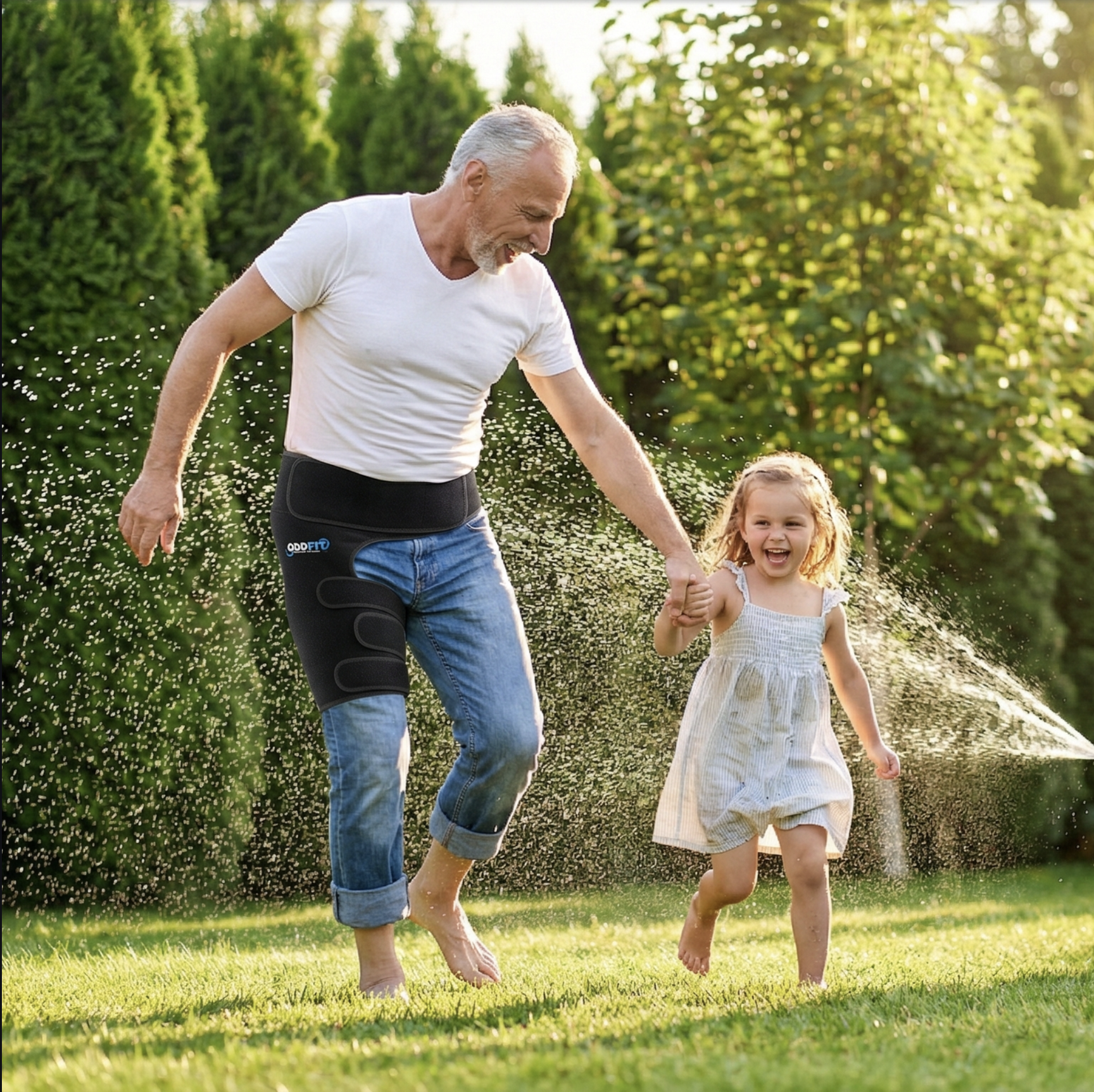 Grandfather wearing the ODOFIT hip brace playing in the backyard sprinkler with his granddaughter